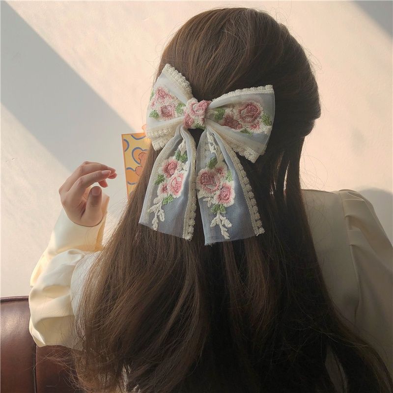 Wholesale Fabric Embroidery Oversized Bow Hair Clips